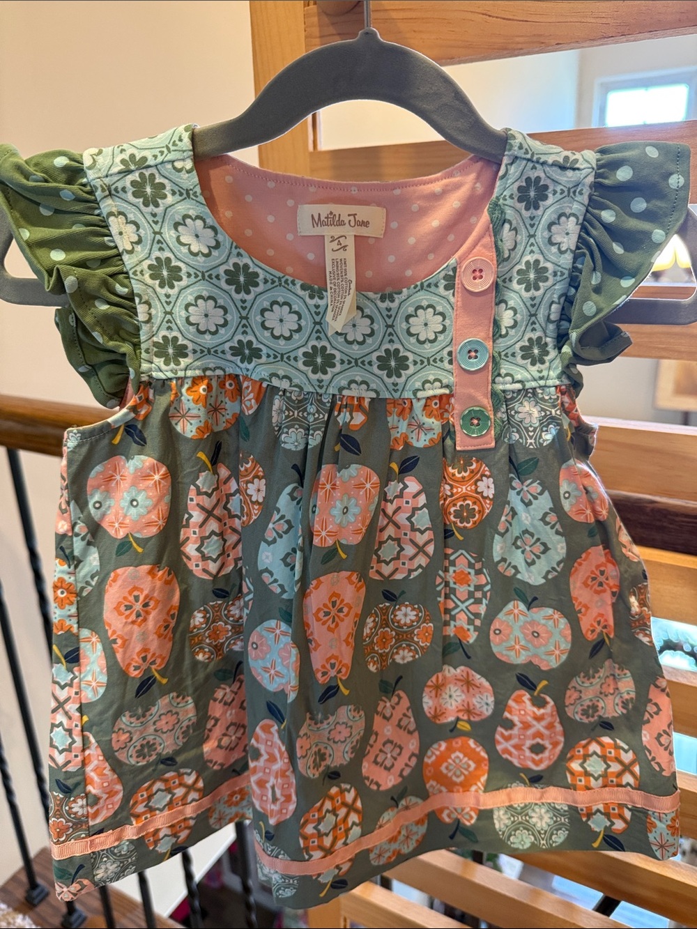 Matilda Jane Coral, Mint & Olive Patterned Flutter Sleeve Top